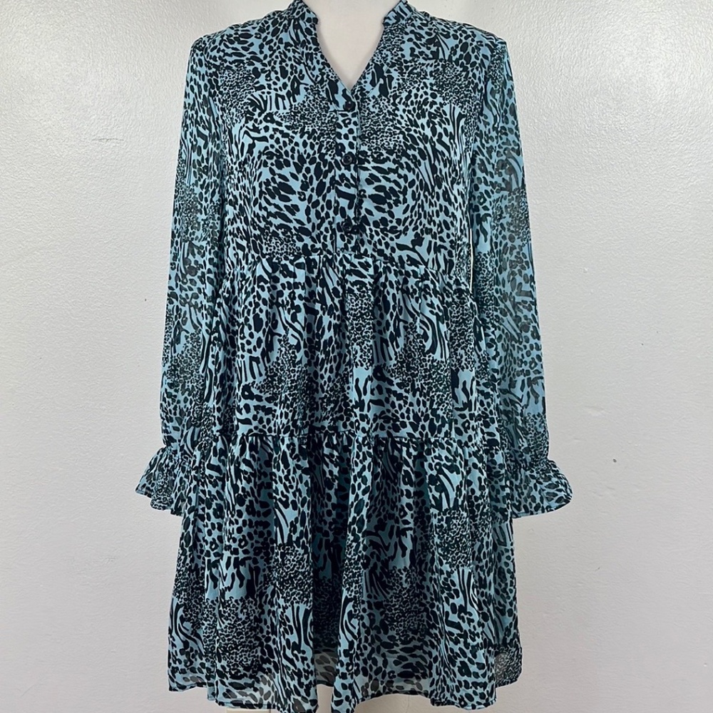 ELAN /Dress Black Light Blue Baby Doll Mini Long Sleeve Animal Print NW Size S